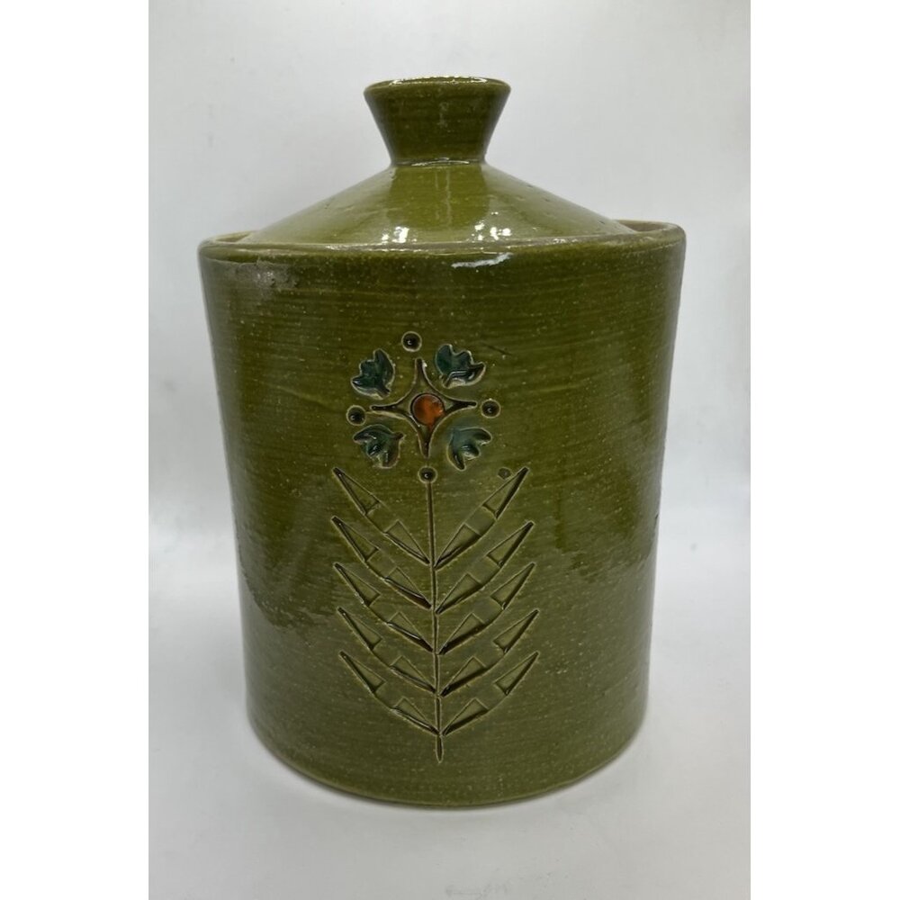 Italian Pottery Cookie Jar with Embossed Flowers by Bitossi, Green 1950s Ceramic - Picture 4 of 15